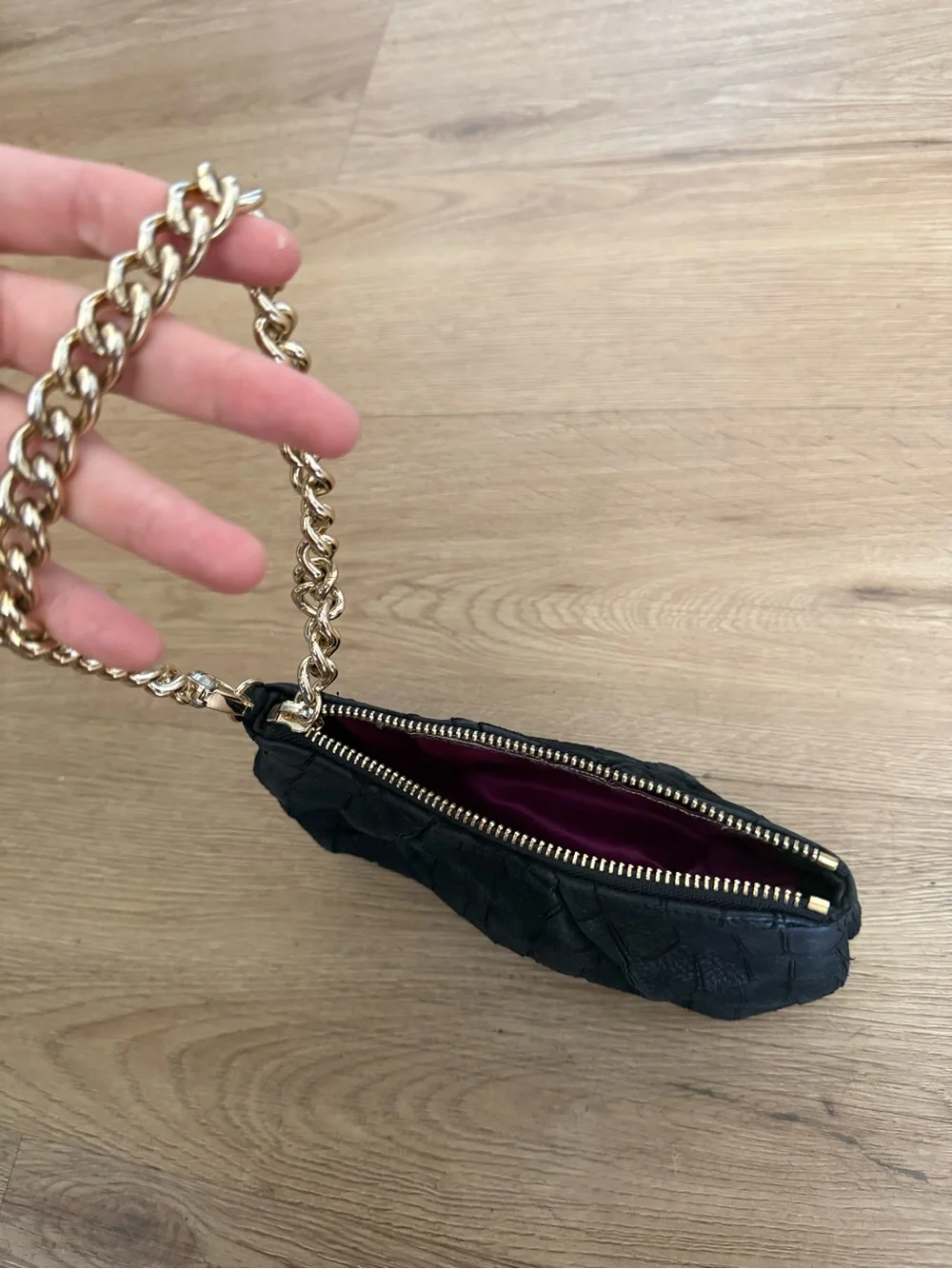 Henri Bendel Black Leather & Gold Classic Clutch with Purple Lining Small